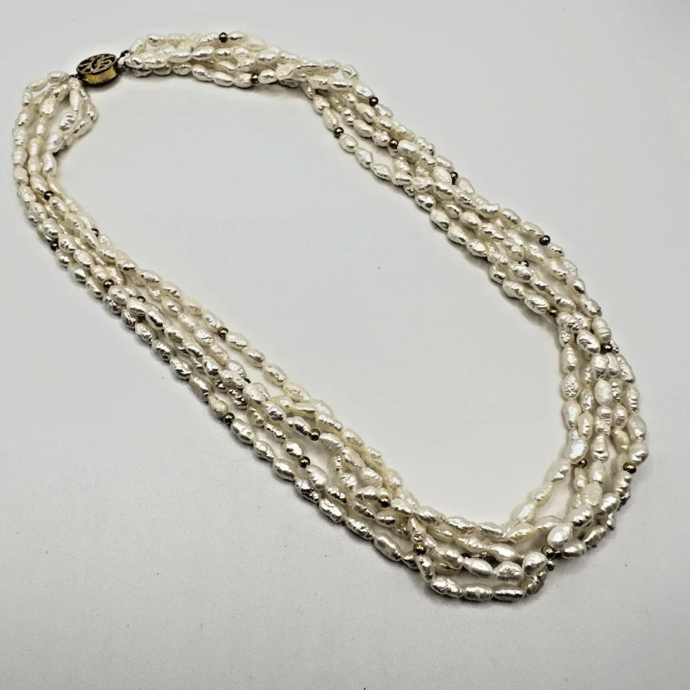 Vintage Multi-Strand Freshwater Rice/Seed Pearl Necklace Gold Tone Clasp 18" - Picture 14 of 14